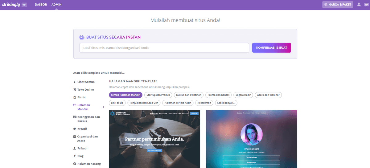 Halaman Pemilihan Template Strikingly