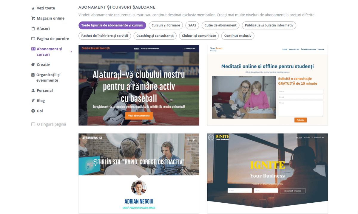Pagină de selecție a șabloanelor izbitoare
