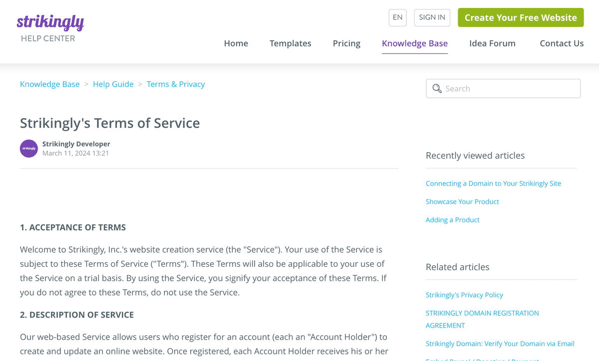 Términos y condiciones de Strikingly