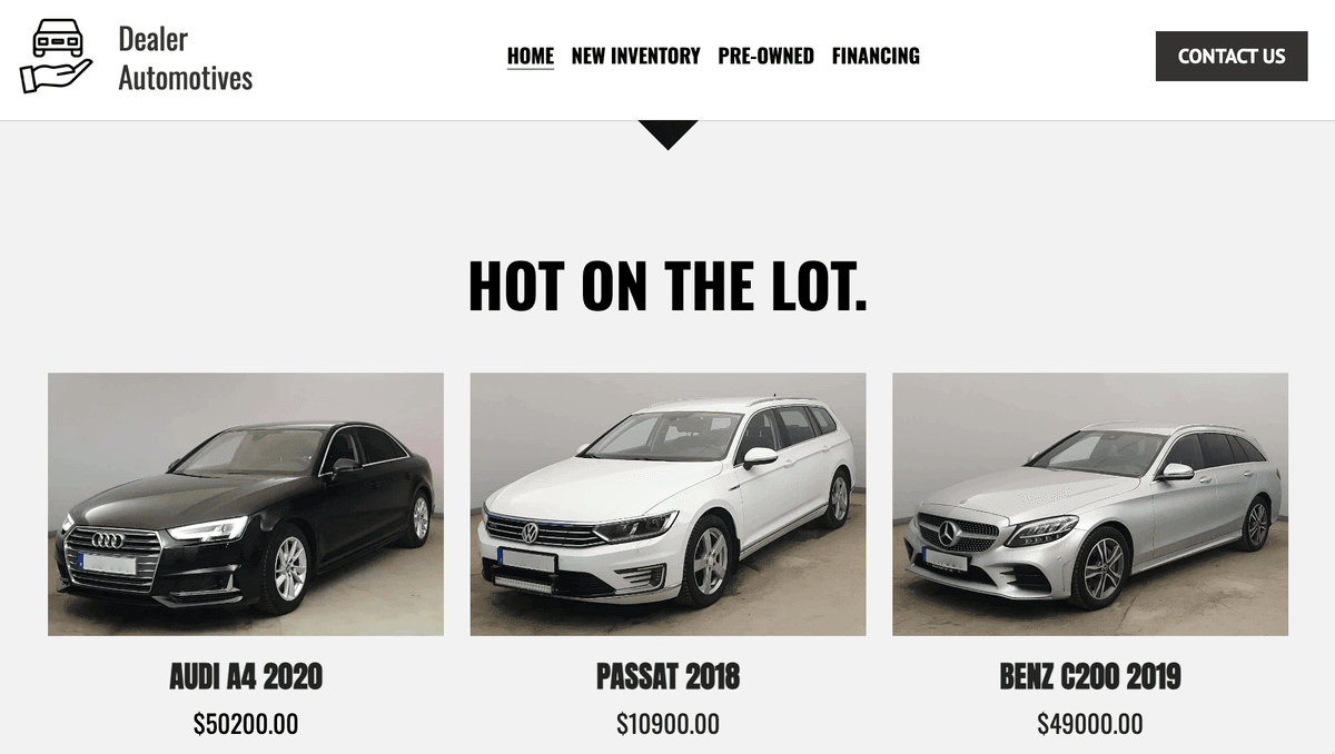 Šablona prodejny automobilů od Strikingly