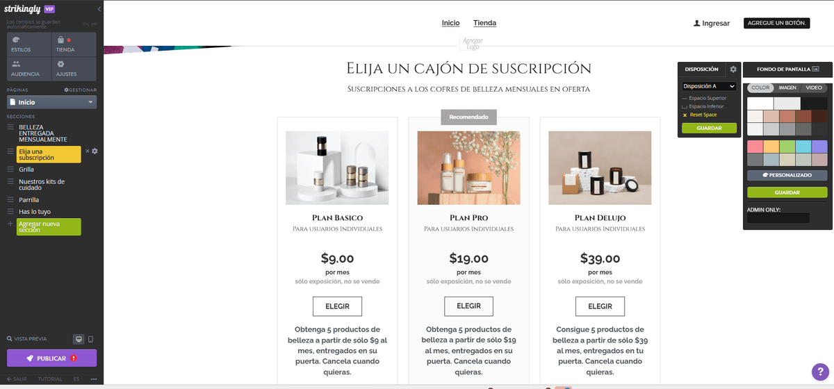 Editor de la tienda Strikingly