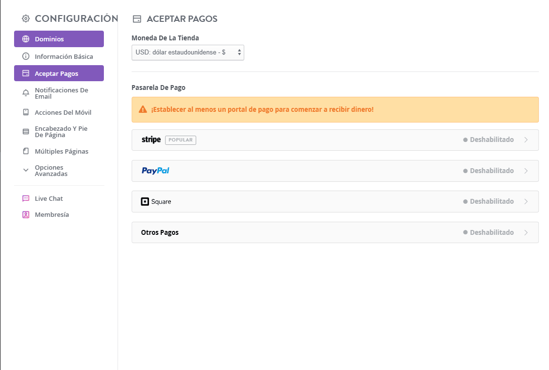 Página de pago de Strikingly