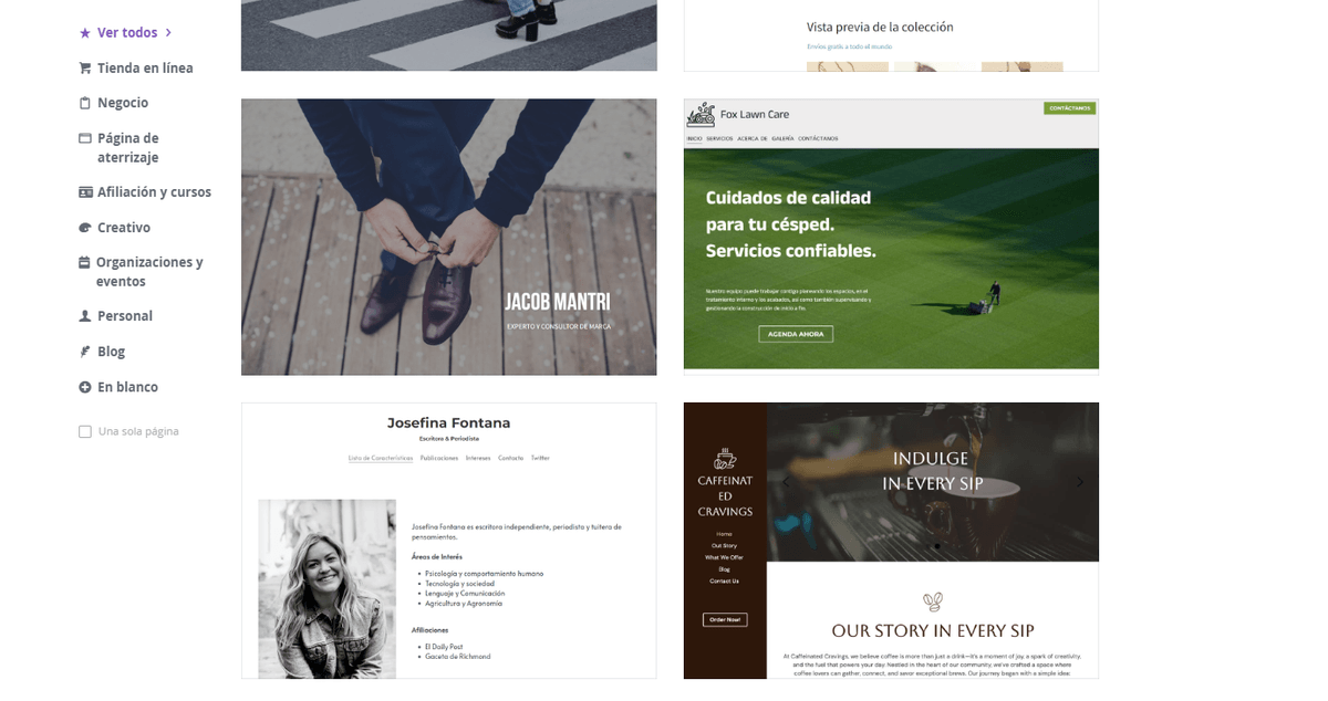 Página de selección de plantillas de Strikingly