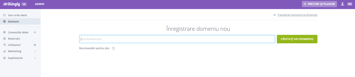 Pagină de înregistrare a domeniului Strikingly