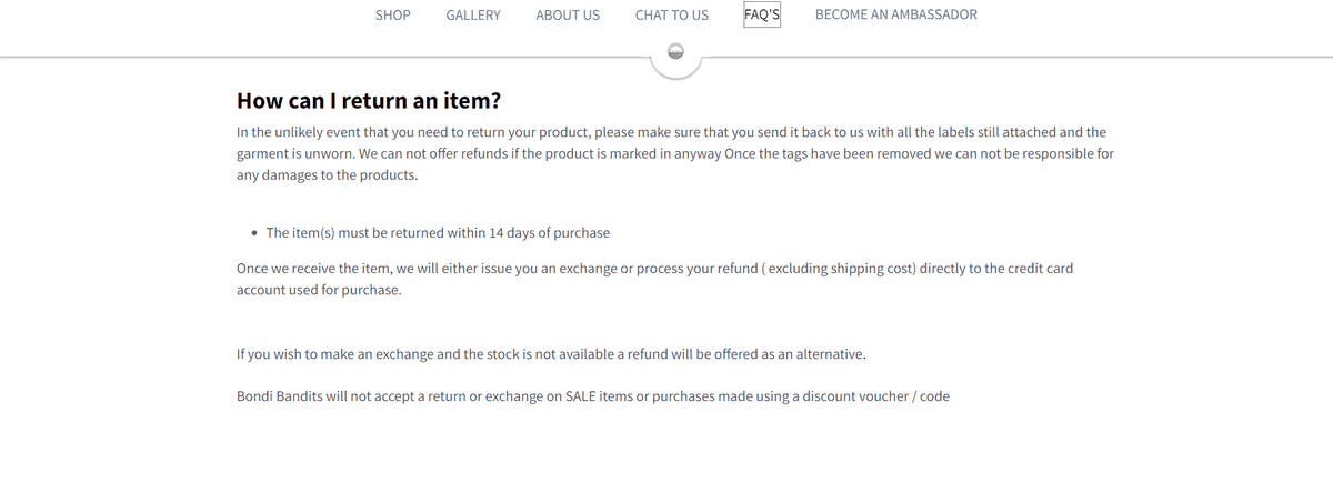 Zásady vrácení zboží Bondi