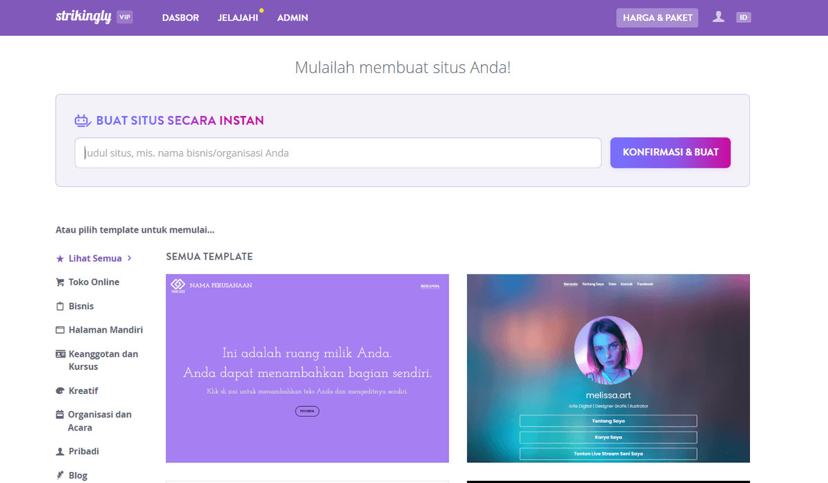 Halaman Pemilihan Template Strikingly