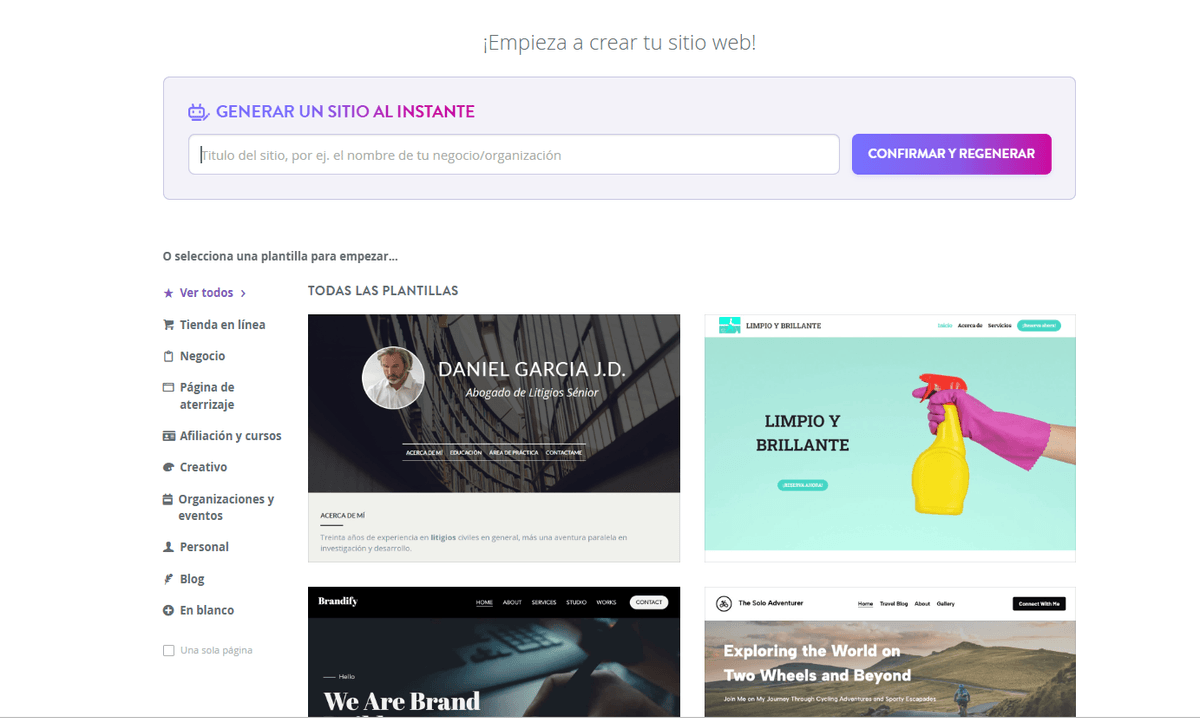 Página de selección de plantillas de Strikingly