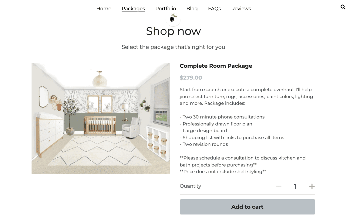 Stránka s popisem produktu na webu Pretty Olive Interior