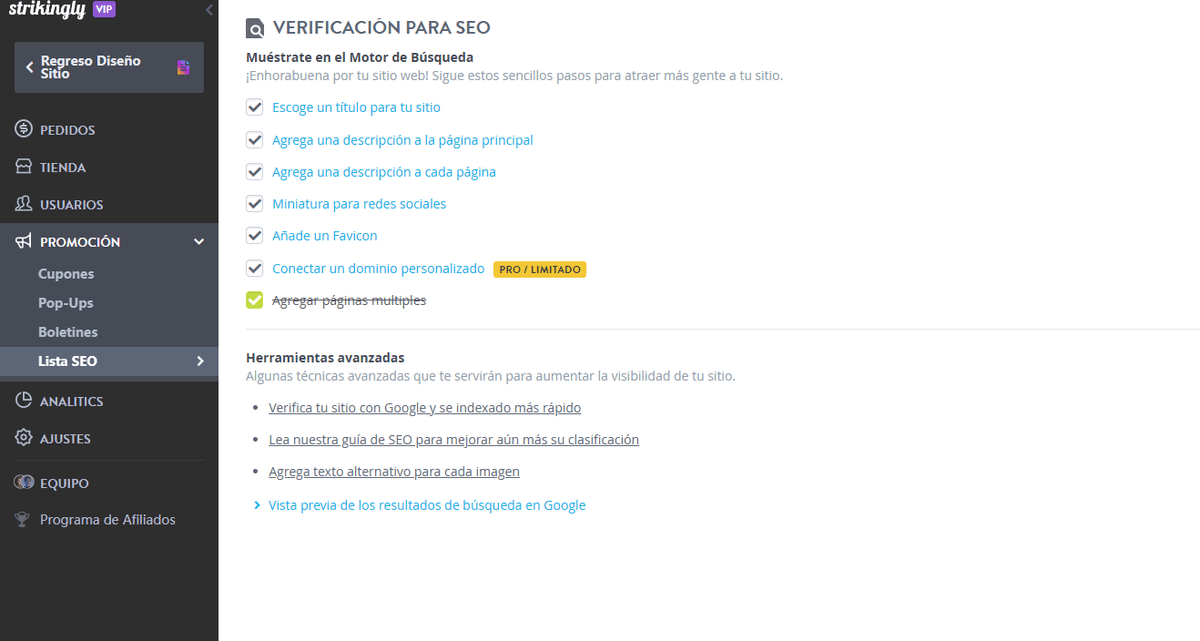 Lista de verificación de SEO para Strikingly