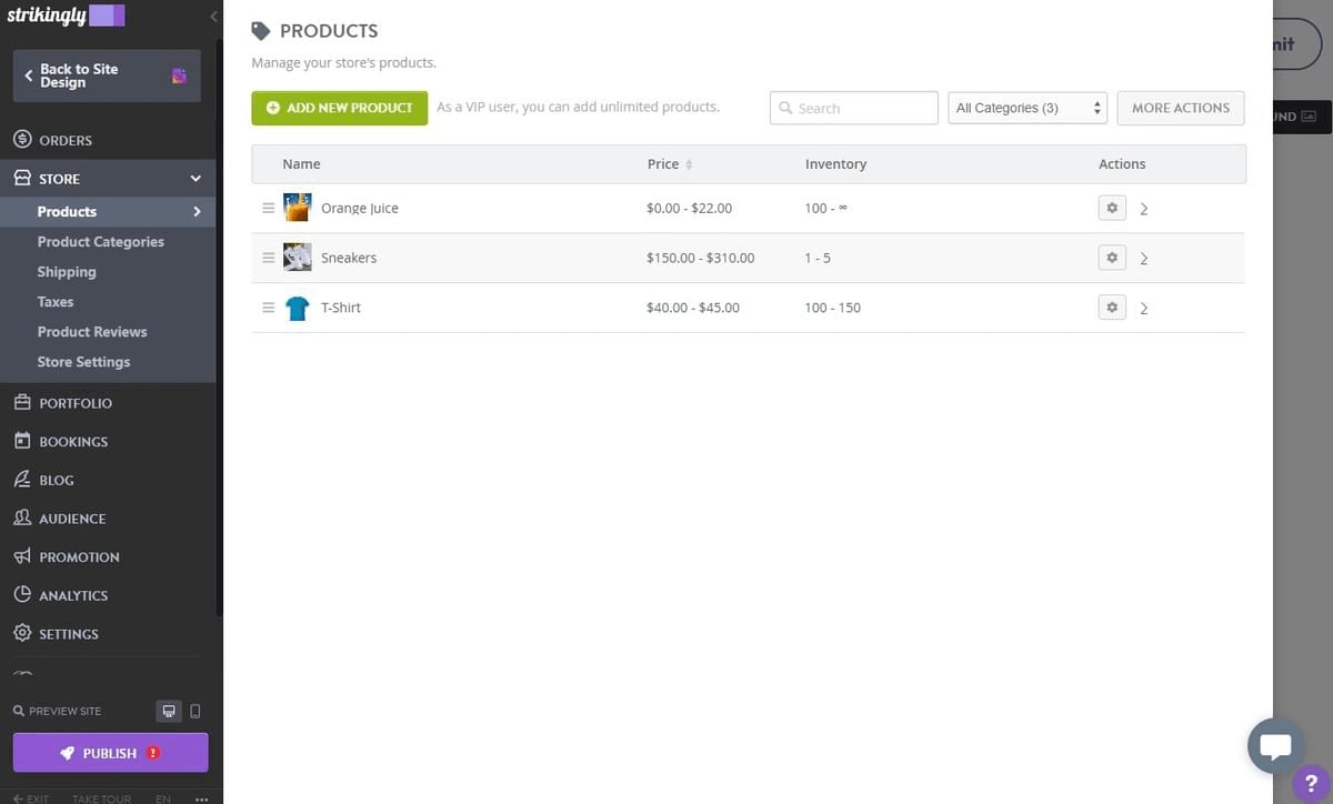 Página de inventario de productos de Strikingly