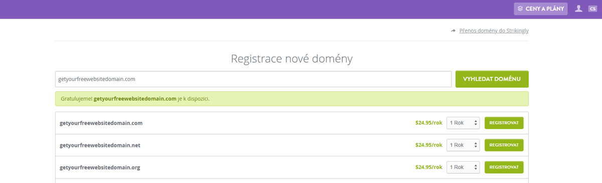 Stránka pro registraci domény