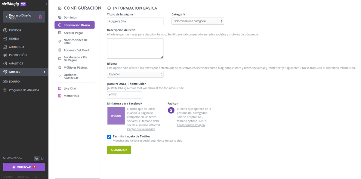 Configuración del sitio web de Strikingly