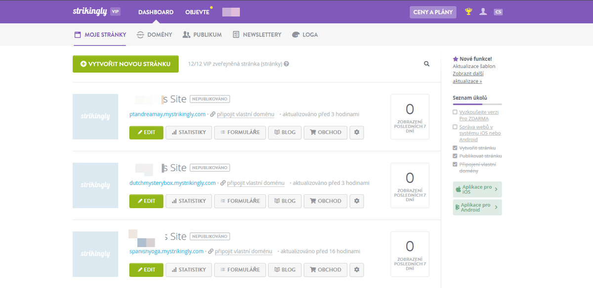 Vertikální navigační menu na Strikingly – přístup k editoru