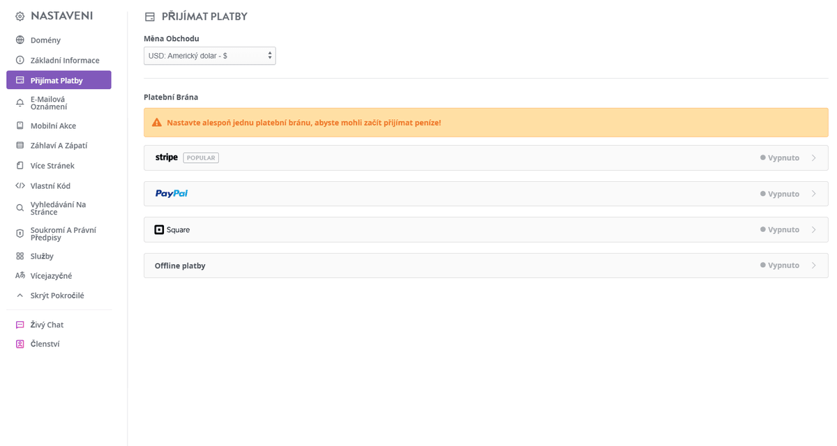 Stránka s platbami Strikingly