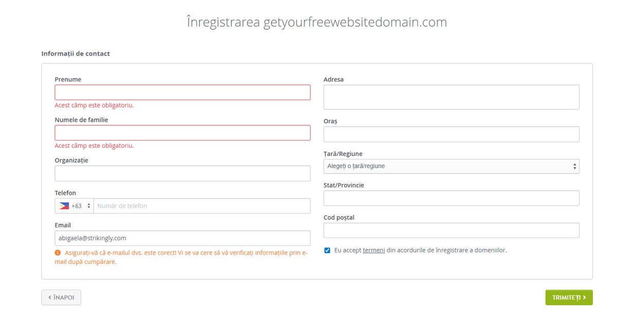 Pagină de înregistrare gratuită a domeniului