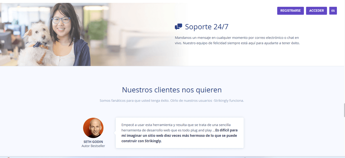 Soporte de chat y testimonios de Strikingly