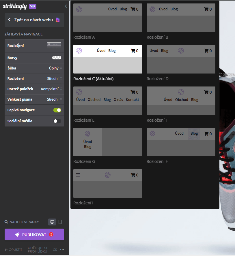 Nastavení navigace v editoru webů Strikingly