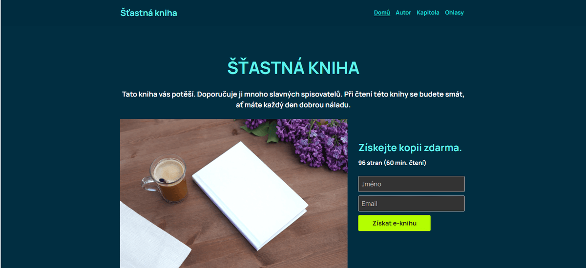 Nápad na magnet pro leady: Šablona Happy Book od Strikingly