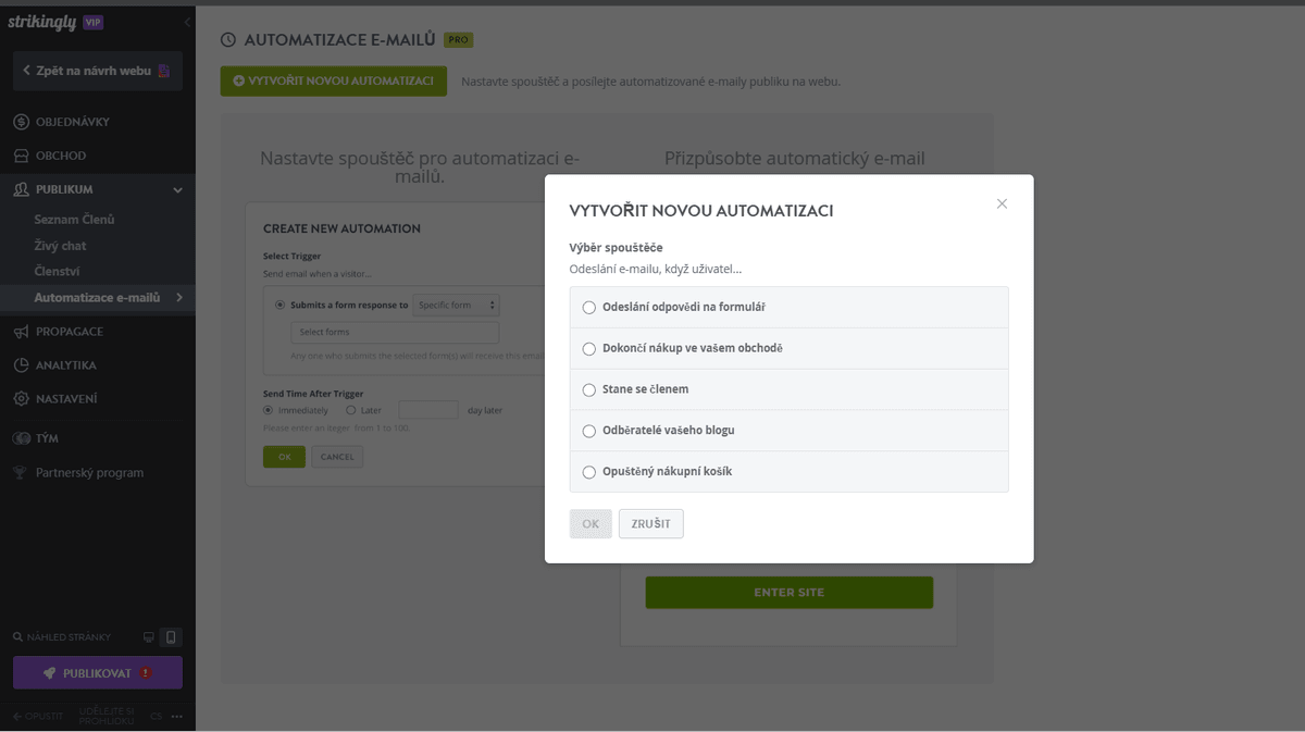 Využití automatické odpovědi na e-maily se Strikingly - Nastavení spouštěčů ve Strikingly