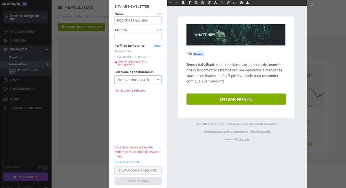 Boletim informativo de vendas com Strikingly - Configurar campanha de e-mail