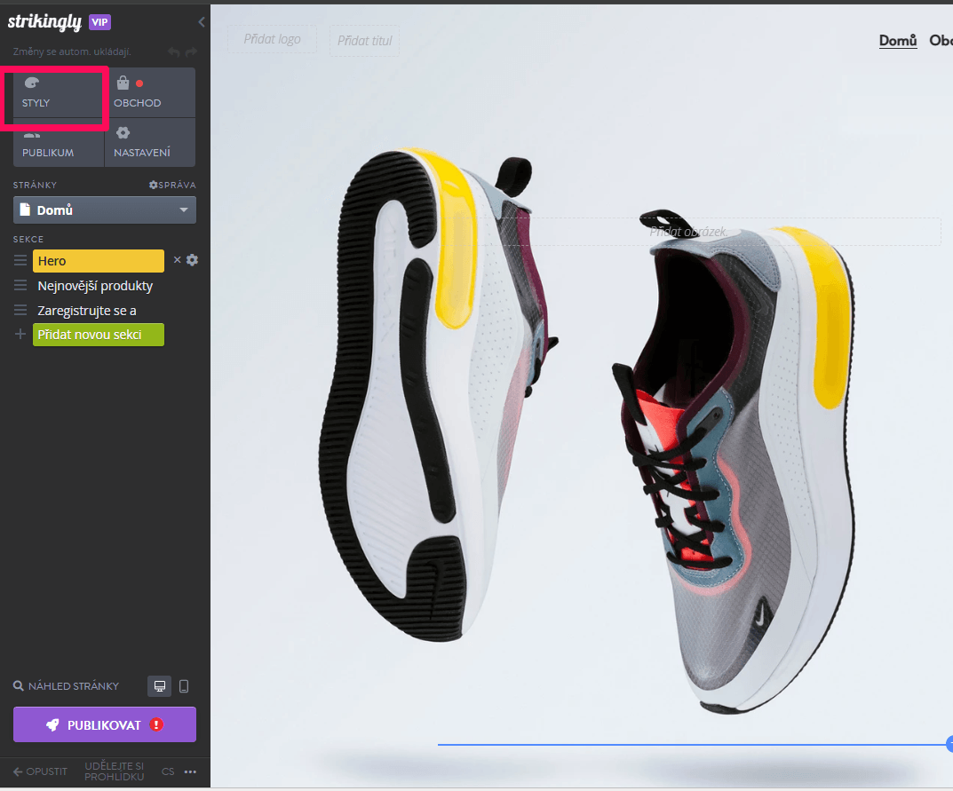 Vertikální navigační menu na Strikingly - Přejít na styly