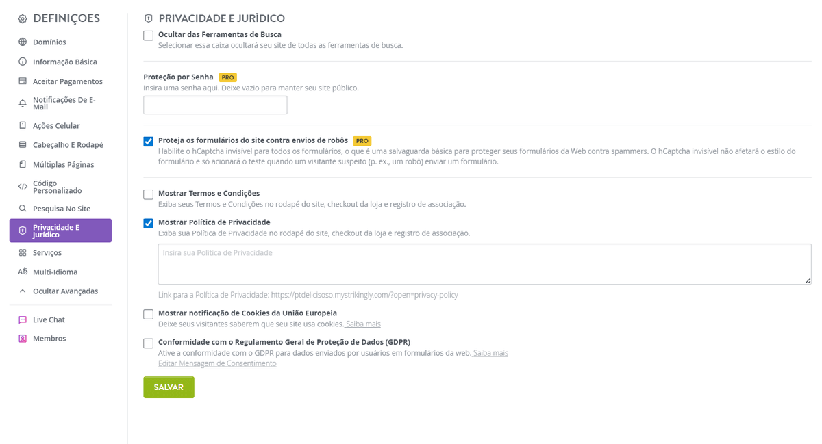 Configurações de Política de Privacidade Impressionantes