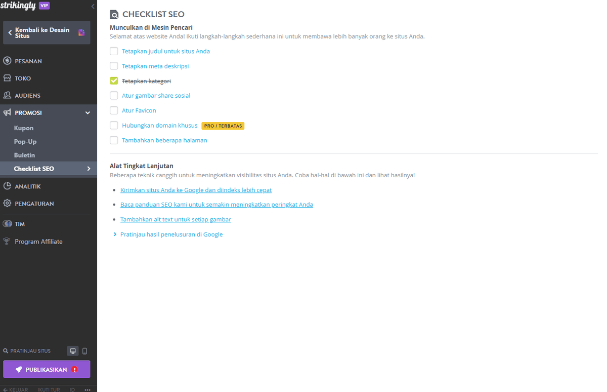 Daftar Periksa SEO dari Strikingly