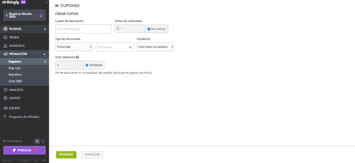 Página de cupones de Strikingly