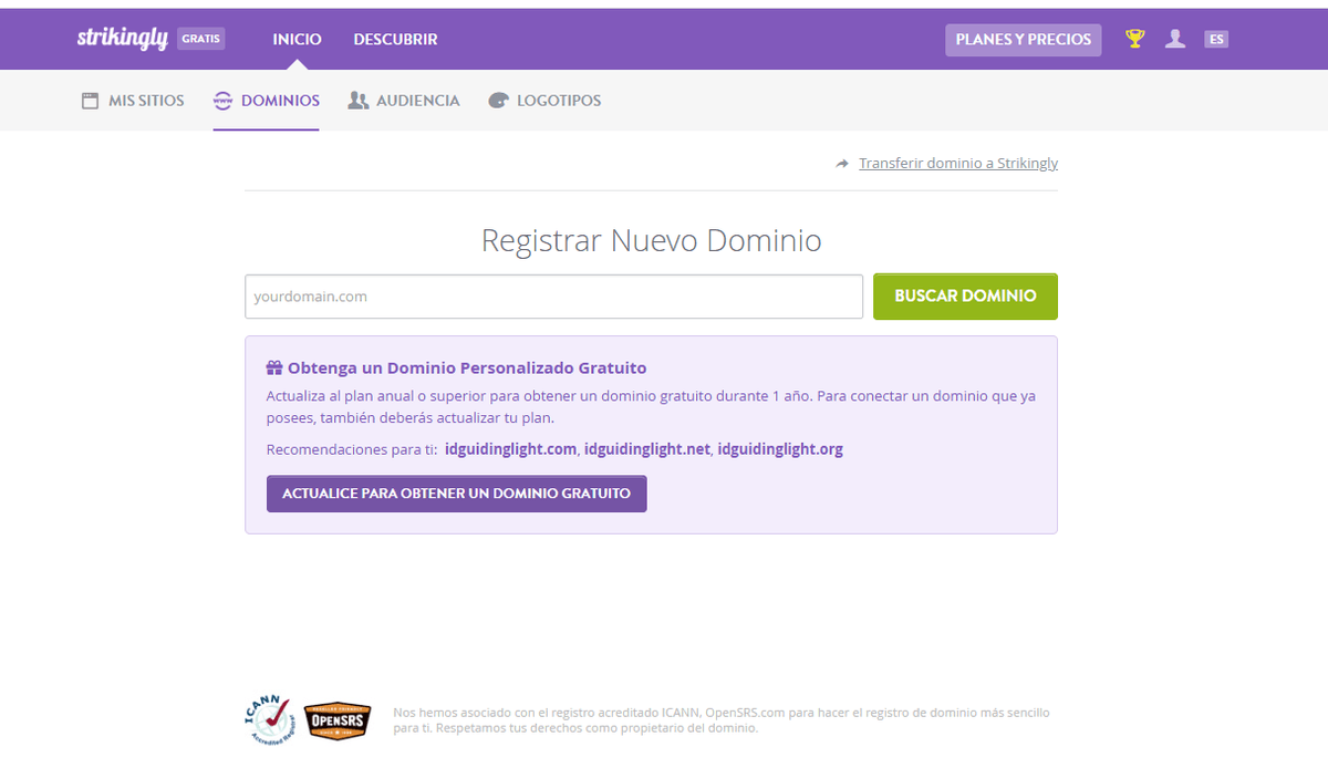 Página de registro de dominios de Strikingly