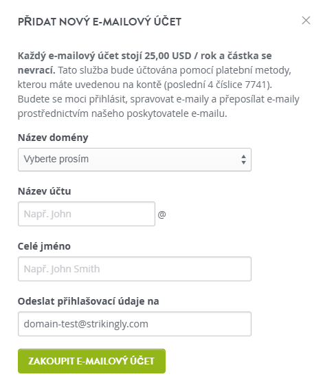 Stránka pro nastavení vlastní e-mailové adresy
