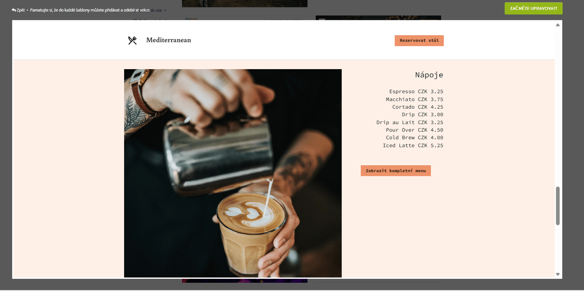 Budování kávového byznysu s Strikingly - Zvýrazněte své kávové menu