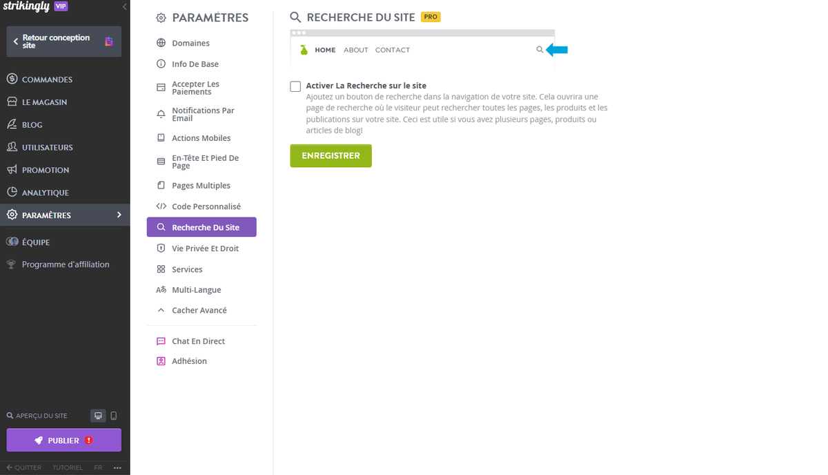 Fonctionnalité de recherche de site remarquable