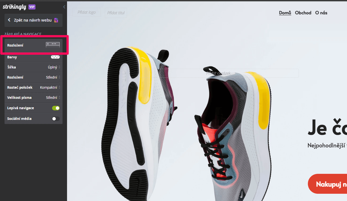 Vertikální navigační menu na Strikingly - Rozvržení