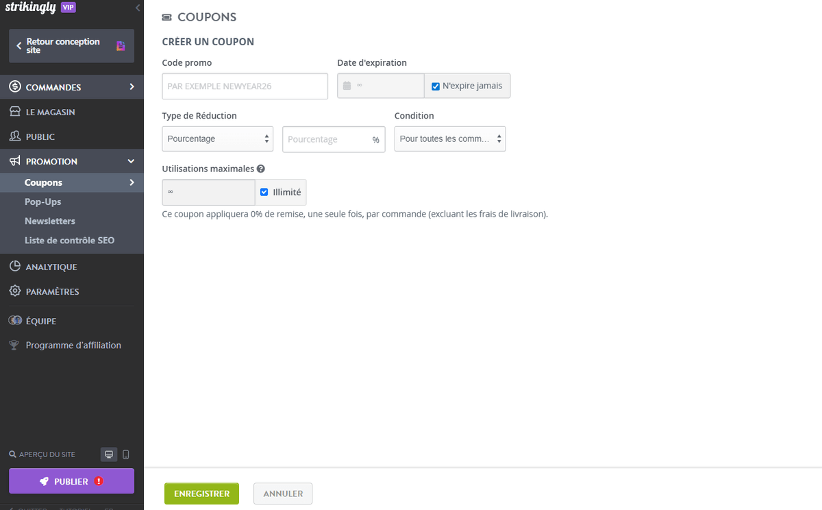 Page de coupons Strikingly