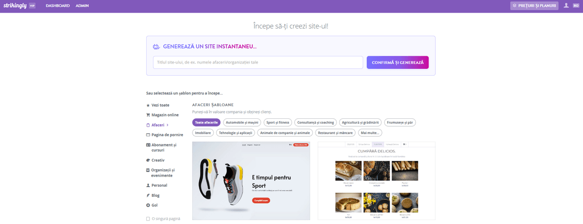 Pagina de șabloane Strikingly