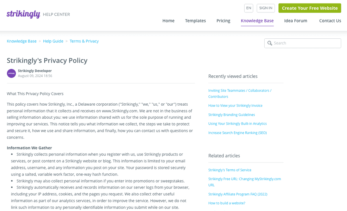 Política de privacidad de Strikingly
