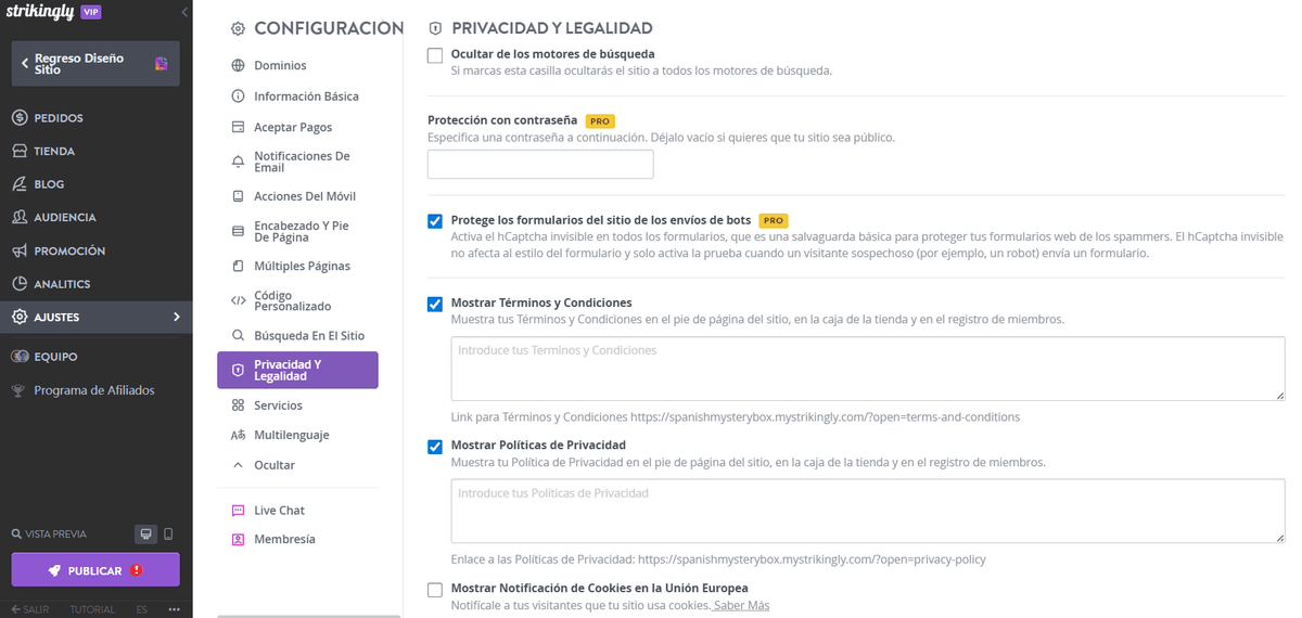 Característica de política de privacidad de Strikingly