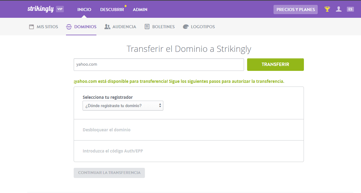 Página de transferencia de dominio de Strikingly