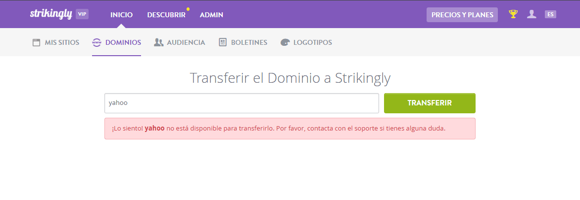 Función de transferencia de dominio de Strikingly