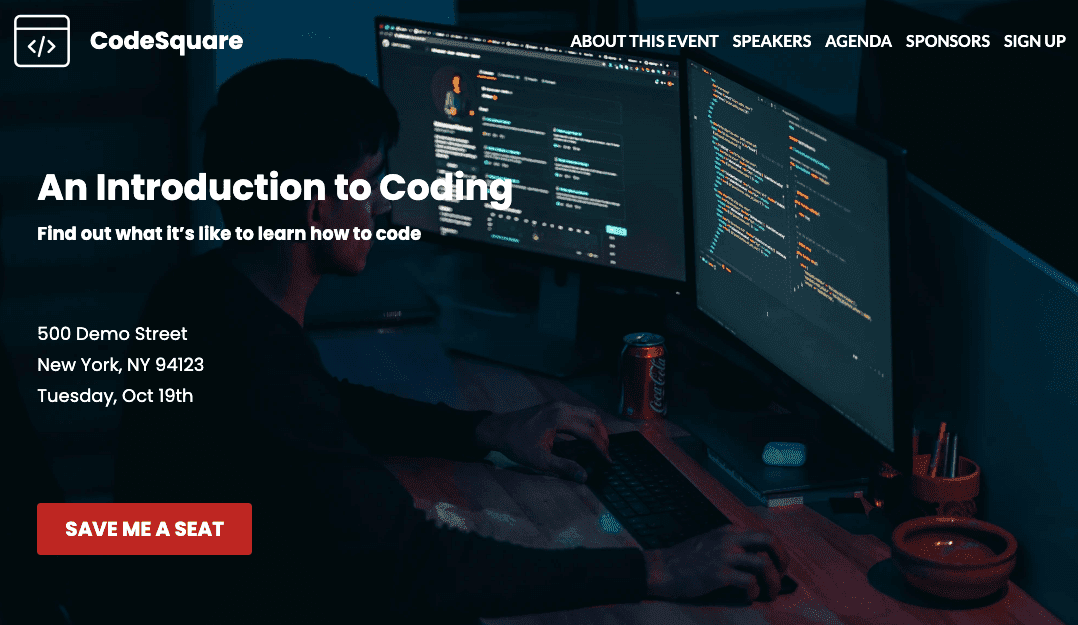 Nápad na lead magnet; šablona CodeSquare od Strikingly