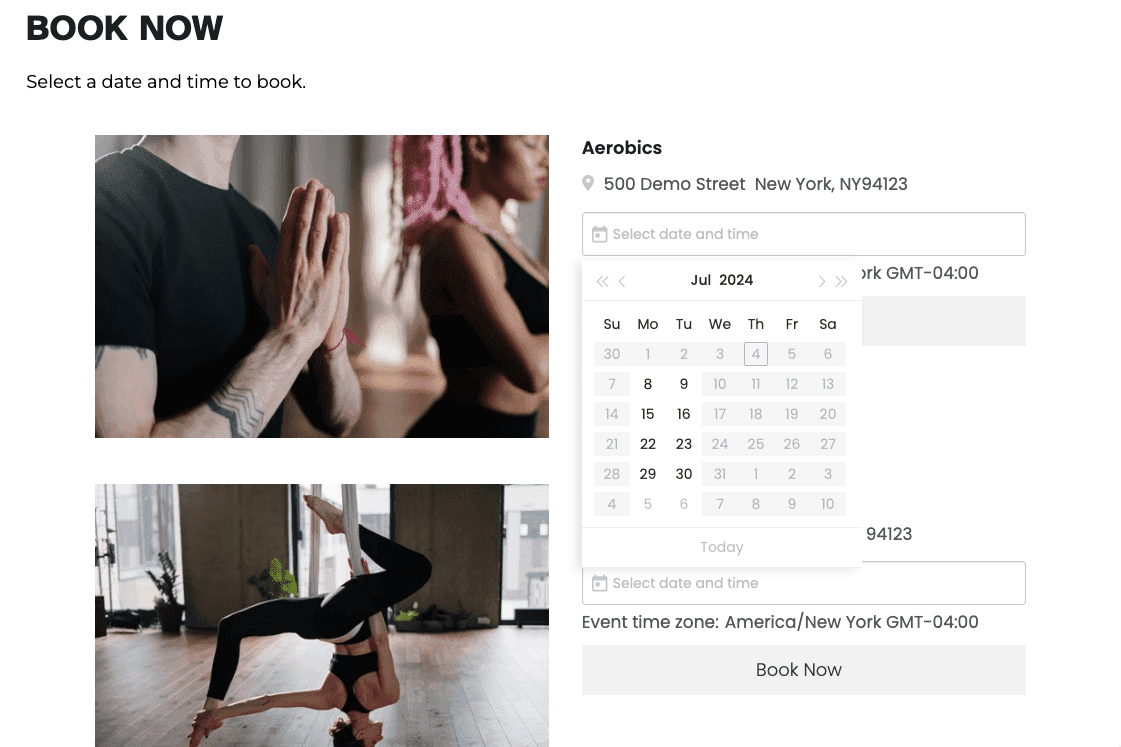 Plantilla de yoga - Sección de reservas