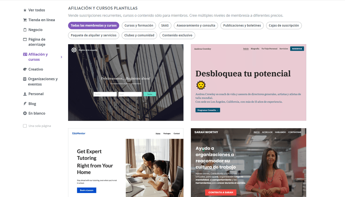 Página de selección de plantillas de Strikingly