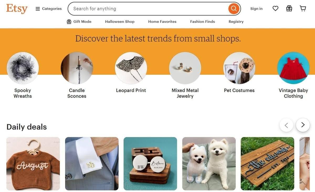 Página de destino de Etsy