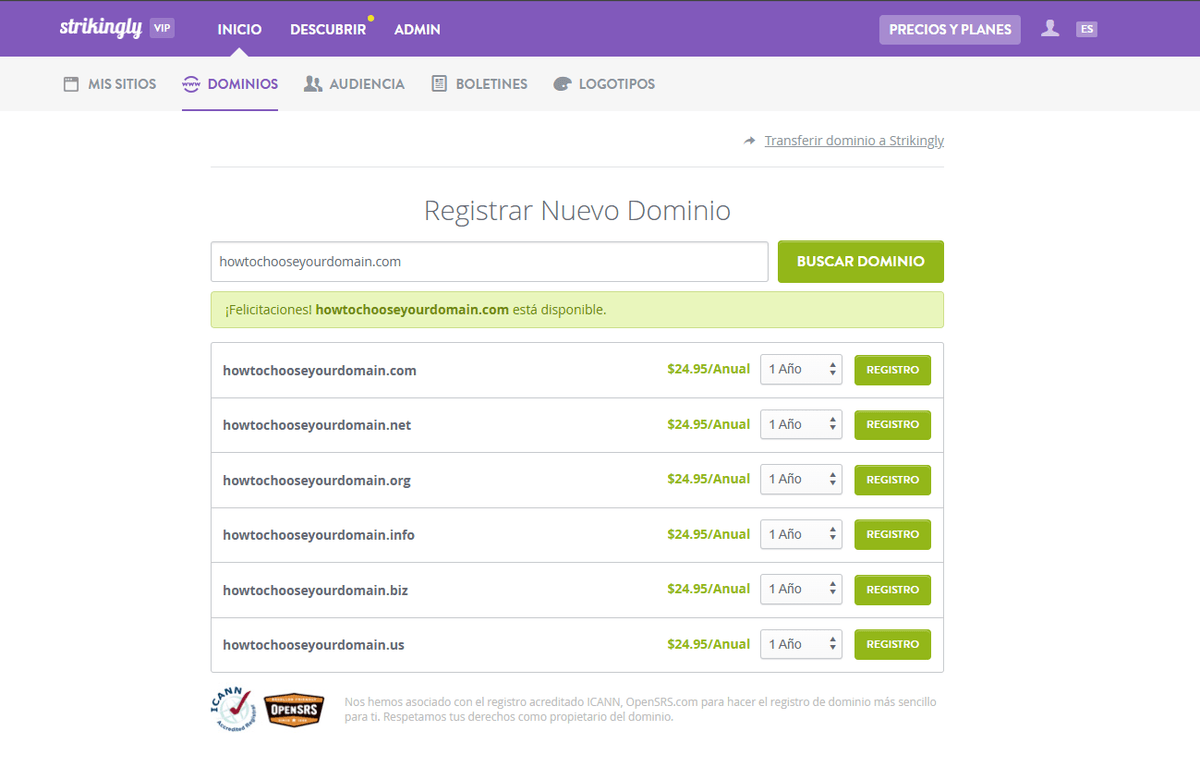 Página de registro de dominios de Strikingly