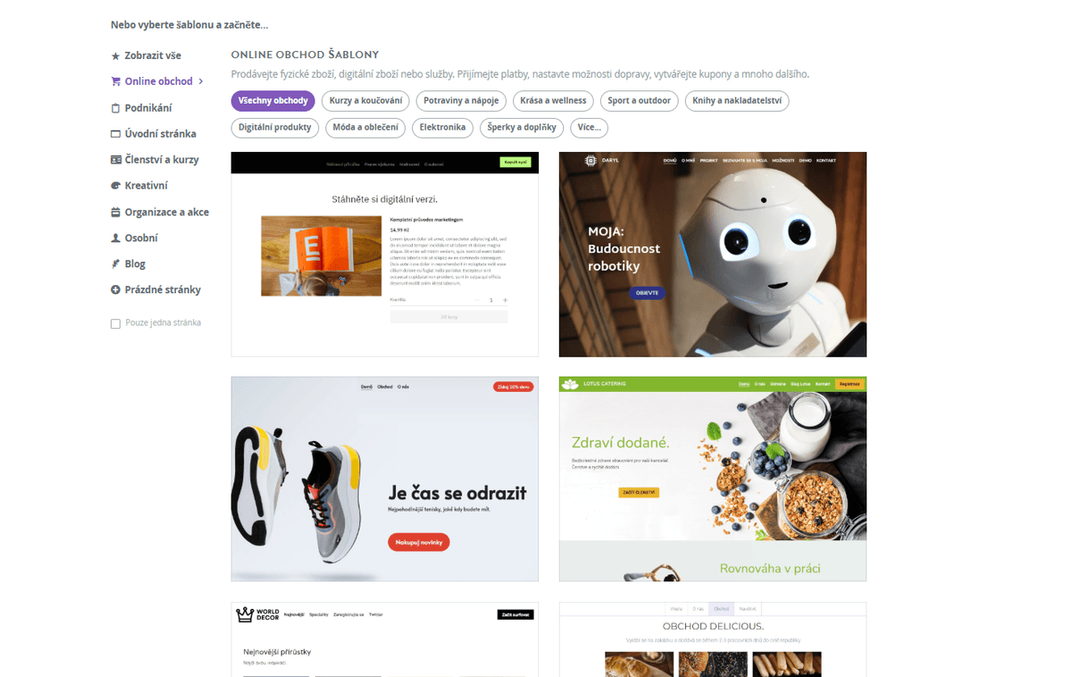 Stránka výběru šablon Strikingly