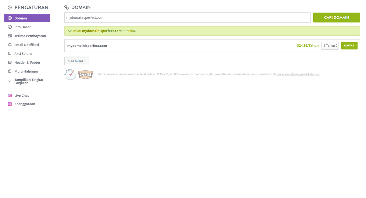 Halaman Pemilihan Domain