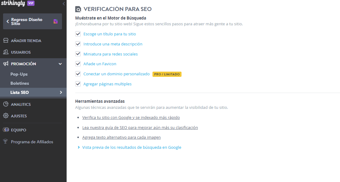 Lista de verificación de SEO para Strikingly