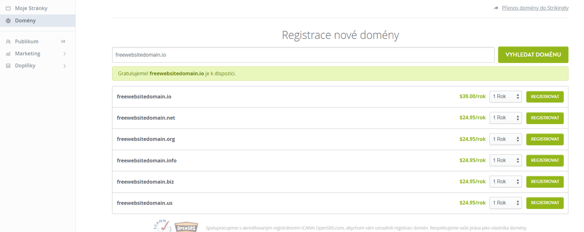 Stránka pro registraci domény Sturgelly