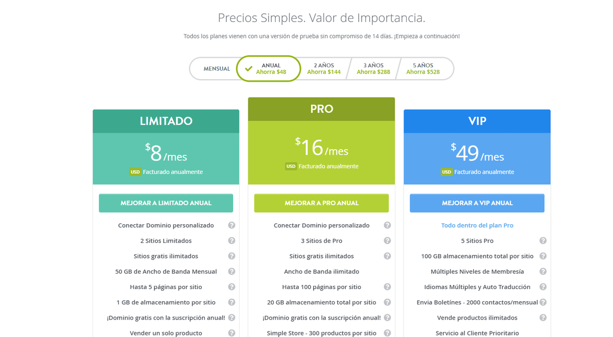 Página de Precios de Strikingly