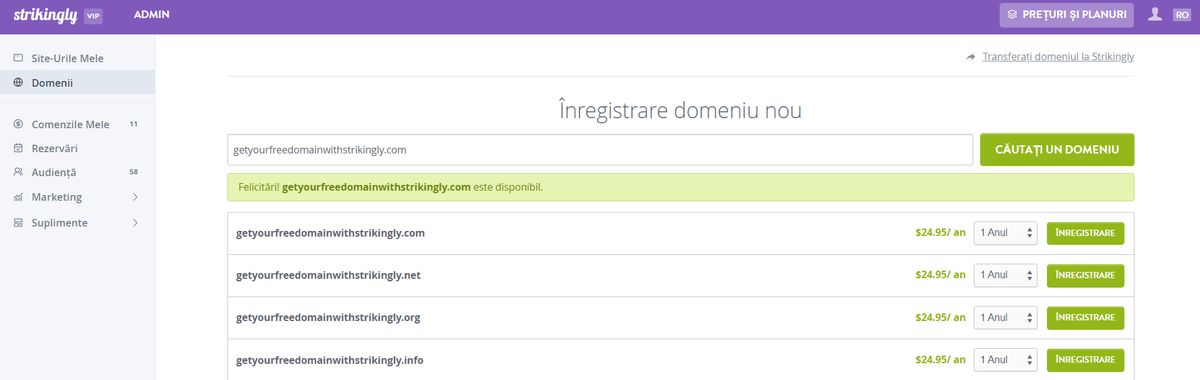 Pagină de înregistrare a domeniului Strikingly